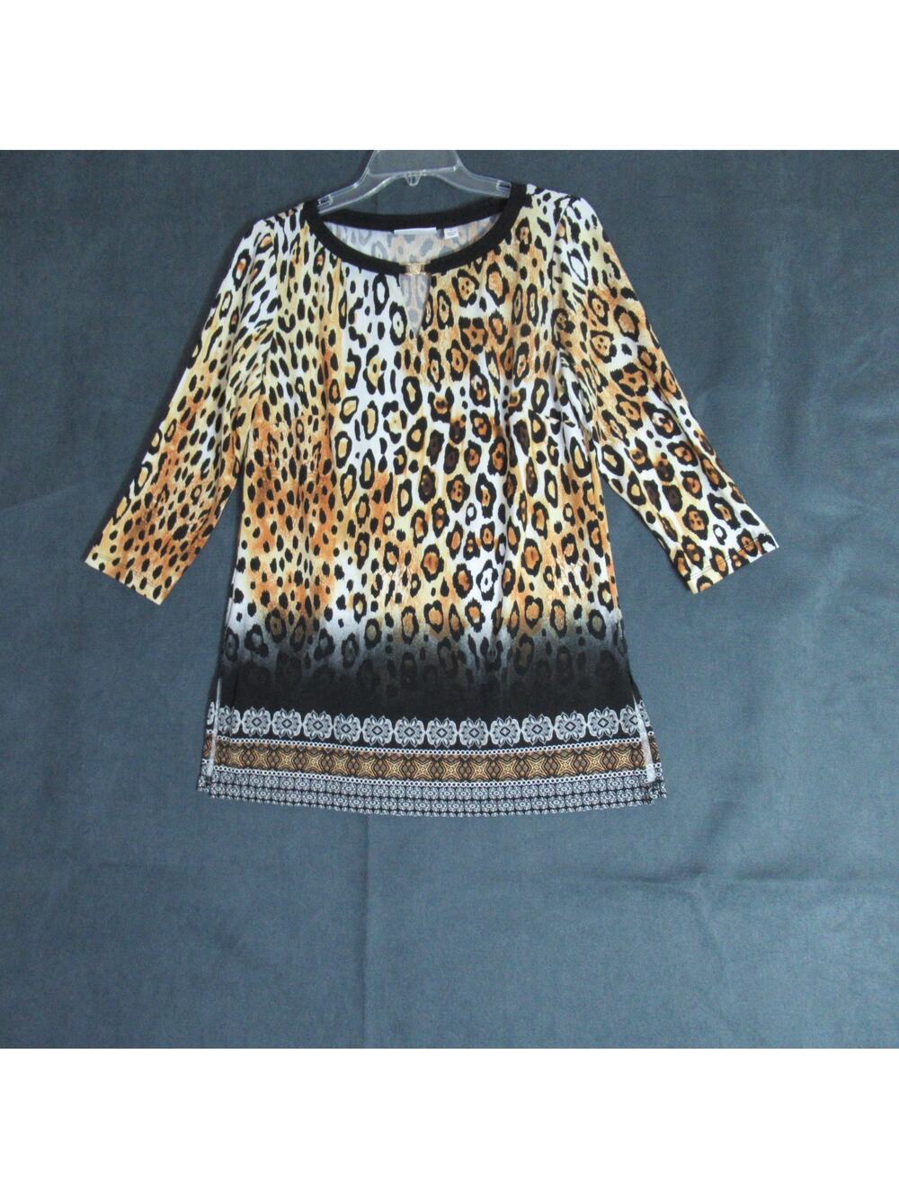 Susan Graver Top Womens Small Brown Black Leopard 3/4 Sleeve Neck Jewel Blouse